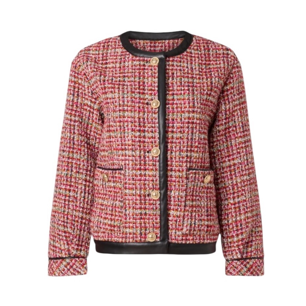 English Factory‎ Faux Leather Trim Tweed Jacket Pink Black Gold Button Medium